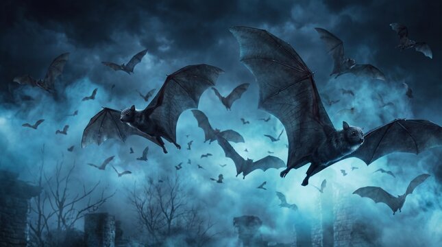 A swarm of flying bats soaring through a dark foggy night sky with glowing blue mist and spooky ruins, October Halloween holiday celebration background.