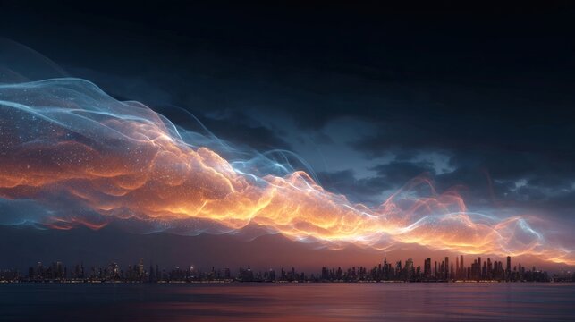 Abstract Data Cloud Visualization Above City Skyline at Night