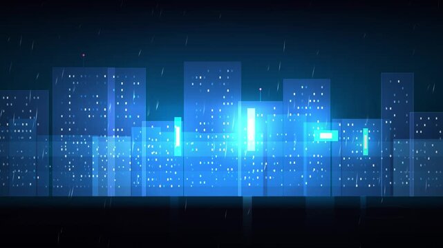 Blue glowing city skyline at night as a looping background overlay.