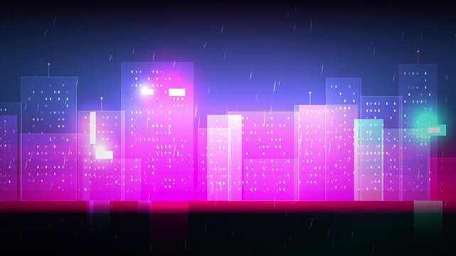 Glowing translucent skyscrapers form a retro cyberpunk cityscape with floating light particles and rain effects.