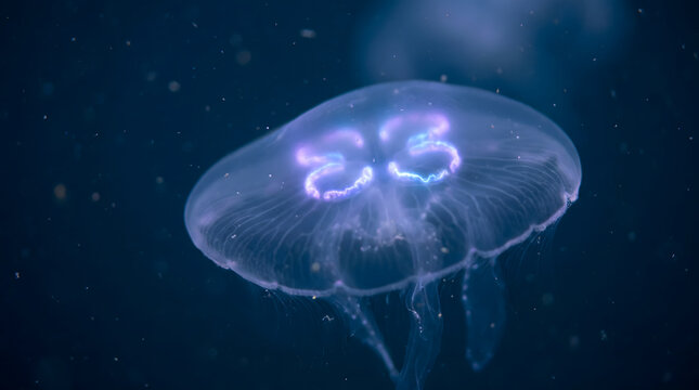 Glowing purple jellyfish swimming in dark deep water