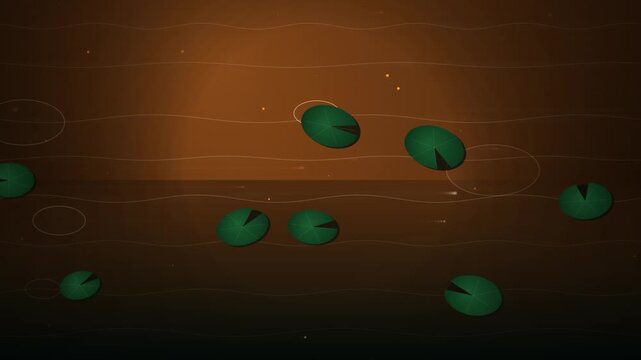 A seamless loop of lotus leaves on murky water with abstract circular patterns and floating particles