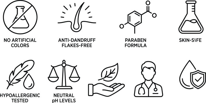 Cosmetic skincare label vector icon set featuring hypoallergenic paraben free dermatologist tested neutral pH and anti dandruff badges