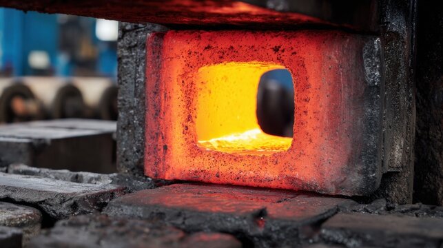 Glowing Hot Furnace Interior with Bright Orange Flames and Steel Block in Industrial Heating Process