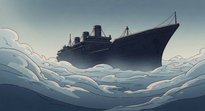 Majestic vintage ocean liner cruise ship cutting through thick rolling waves during a calm morning under a soft blue sky