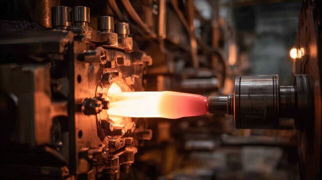 Industrial Glass Manufacturing Process with Molten Glass Flowing from Machine in Workshop Setting