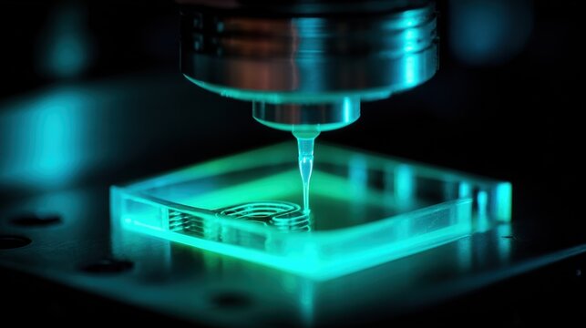 Advanced Technology in Lab featuring Precision Liquid Dispensing on Transparent Glass Plate under Neon Ambient Light