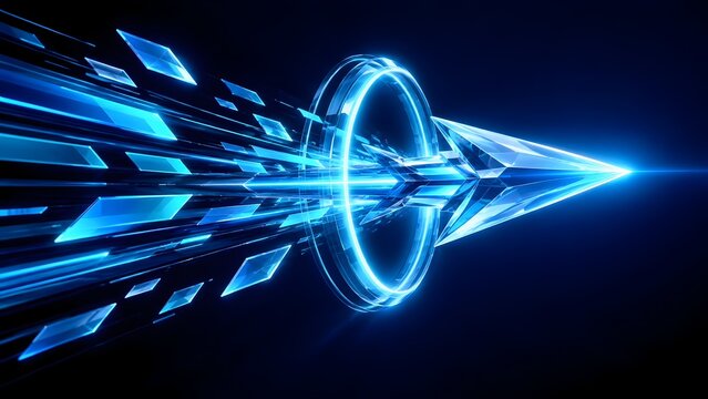 Futuristic blue glowing arrow flying through digital rings abstract technology background representing high speed data transfer business growth and innovation