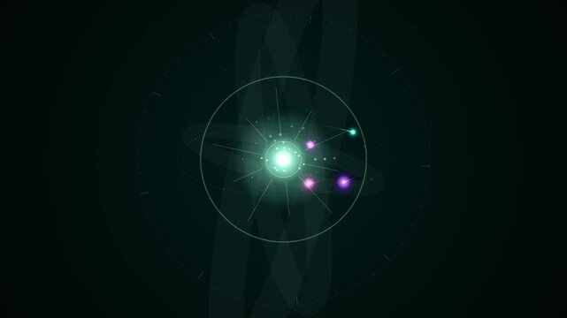 Glowing central sphere with orbiting rings and neon accents forms a futuristic looping background overlay.