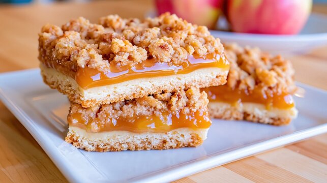 Sweet caramel shortbread bars topped with crumbly streusel are presented on a white plate.