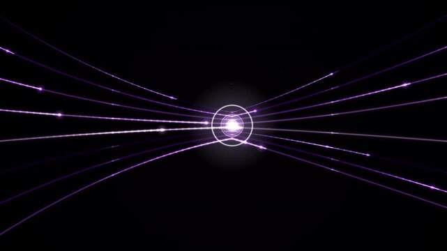 A digital animation of glowing purple and white light trails converging on a bright central orb in space