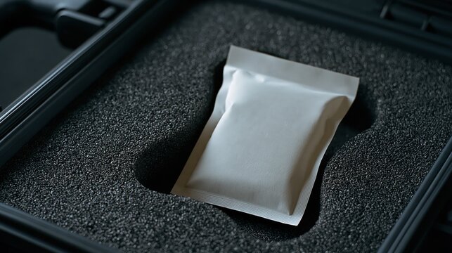 An unlabelled desiccant packet rests in the foam lining of a protective equipment case