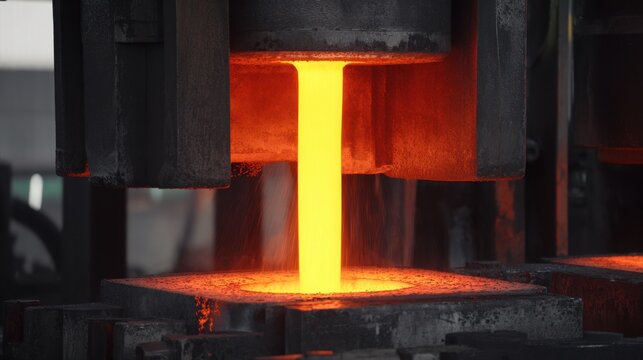 Molten Metal Pouring From Industrial Furnace Into Mold During Steel Production Process In Manufacturing Facility