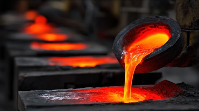 Molten metal pouring into molds in a foundry setting capturing the heat and craftsmanship of metalworking processes