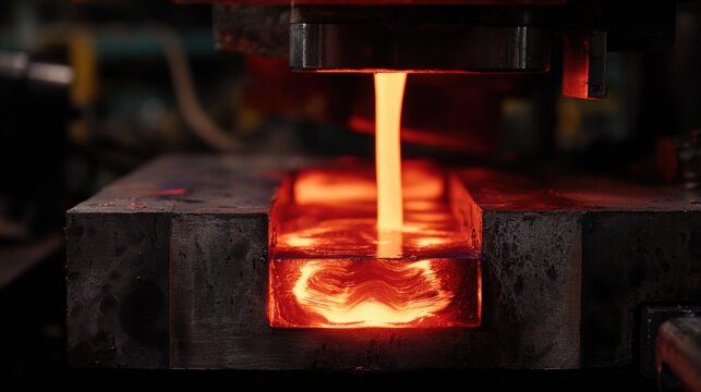 Molten Metal Flowing from Furnace into Mold in Industrial Metalworking Environment with Vibrant Glow and Dynamic Motion