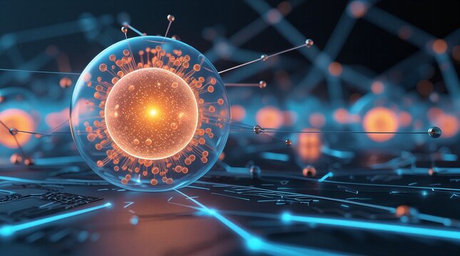 Concepto abstracto de computaci&oacute;n cu&aacute;ntica con esfera de part&iacute;culas brillantes