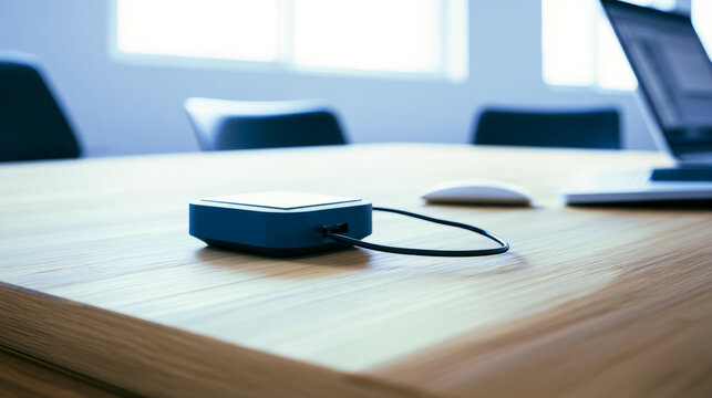 Mini PC with computer chip on desk, technology and compact computing concept