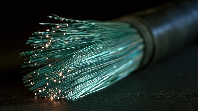 An exposed fiber optic cable end glows with fine strands against a dark background