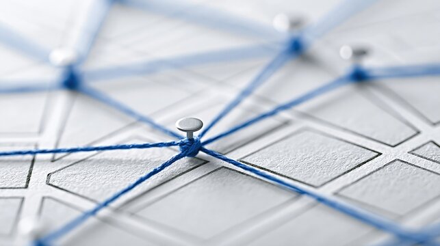 Blue string connects pushpins on white grid map