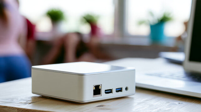Mini PC with computer chip on desk, technology and compact computing concept