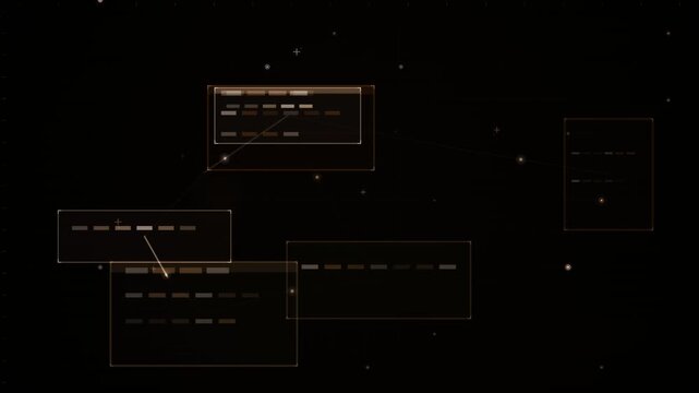 Multiple data panels arranged over a starry space backdrop with faint orange grid lines and scattered glowing dots suggesting a looping background overlay.