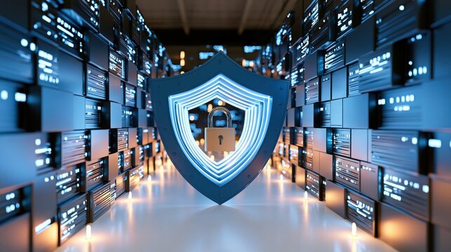 Digital shield and padlock represent data protection within a server room.