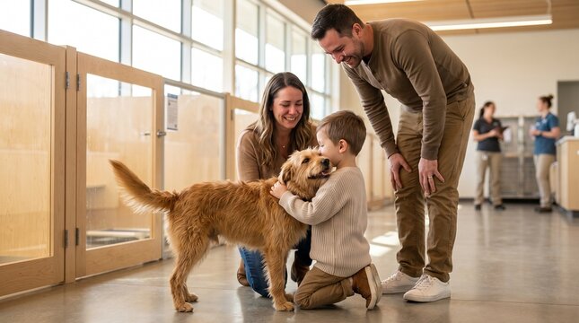 Family with young boy and parents, with shaggy brown dog on floor, kneeling down and placing arm around dog, inside animal shelter adoption room, pet adoption photography