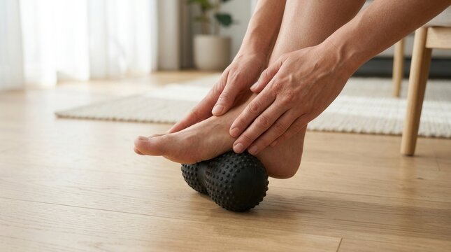 Close-up of a person's feet using a spiky massage ball for plantar fasciitis relief and foot massage therapy
