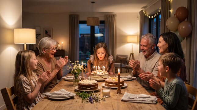 Young girl with multi-generational family members, with illuminated birthday candles on cake, leaning forward to blow out flame, at wooden dining table inside home, family celebration photography