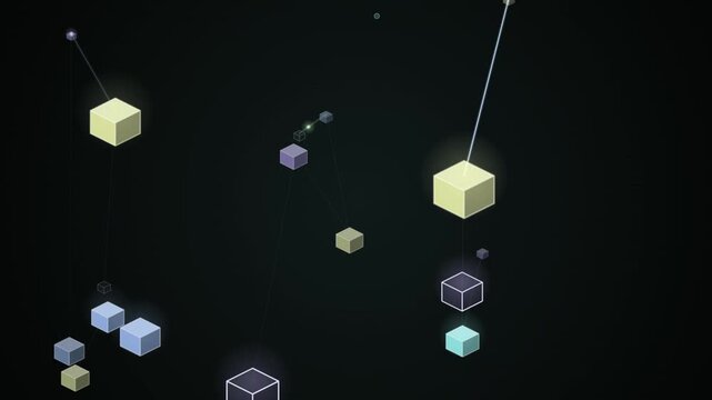 Glowing geometric cubes float on a dark looping background for use as a digital overlay.