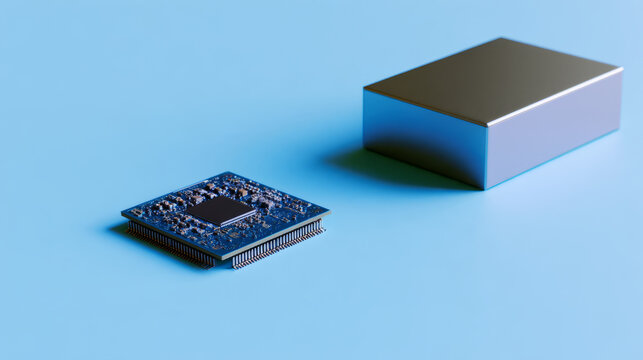 Mini PC with computer chip on desk, technology and compact computing concept