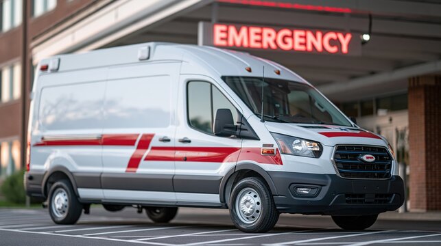 White ambulance van parked at hospital emergency entrance