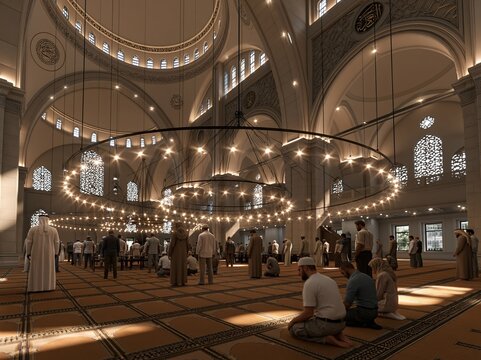 Muslim worshippers praying inside grand mosque interior
