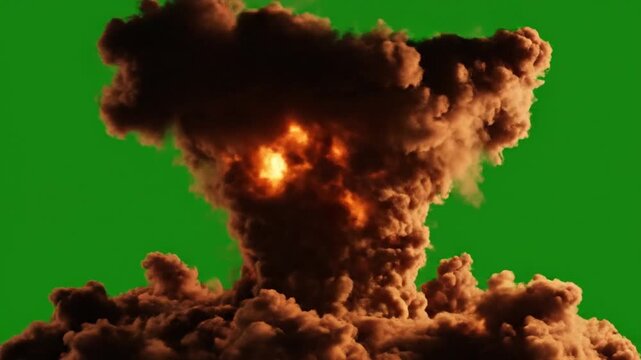 Massive mushroom cloud explosion glowing core against solid green backdrop dynamic footage.