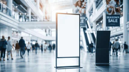 Obraz premium Blank advertising sign stand in busy shopping mall
