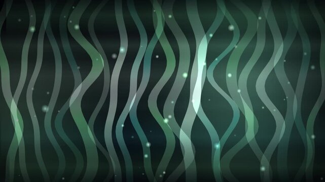Dark green wavy lines shimmering against a deep background with subtle glowing particles