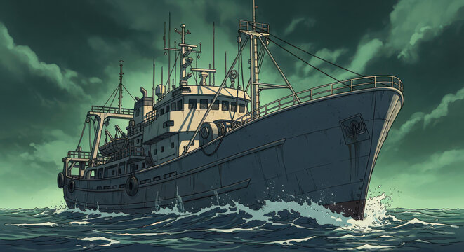 Large metal fishing boat traveling across dark stormy ocean waters under a dramatic green sky in this detailed digital illustration