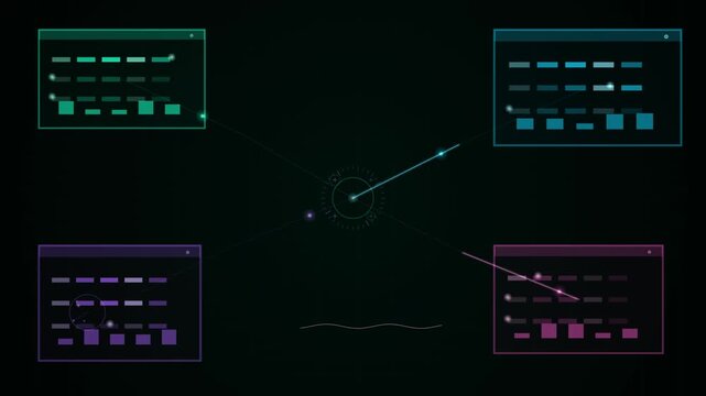 A digital visualization of a network of control panels and a central interface for an overlay background.