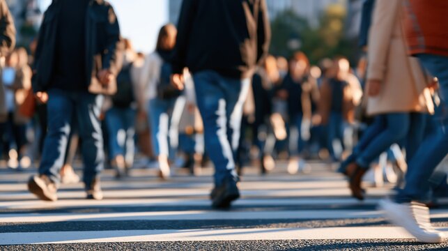 Crowd of people walking across street crosswalk