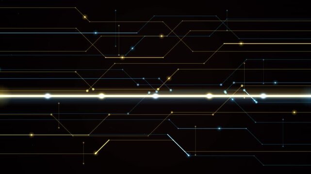 Abstract technological looping background featuring glowing circuit lines and moving nodes on a dark canvas.