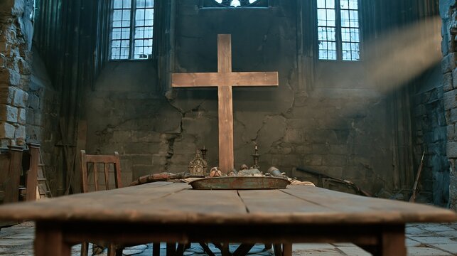 Wooden cross stands on table in abandoned church