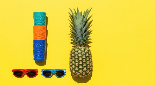 Tropical summer vacation concept featuring a whole pineapple, three colorful tiki mugs, and two pairs of sunglasses on a bright yellow backdrop