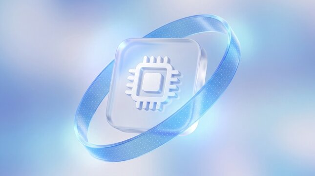 Futuristic 3D microchip icon render with glowing blue ring capturing digital connectivity and processing power, ideal for AI development and cloud computing hardware marketing.