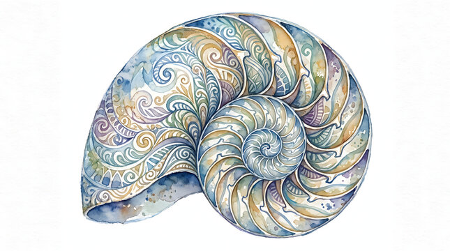 Intricate watercolor nautilus shell illustration featuring ornate blue and gold mandala patterns