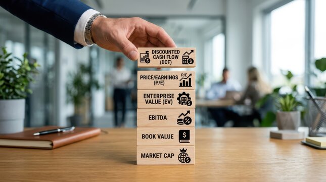 Businessman placing wooden blocks with financial terms on office desk in modern workplace environment