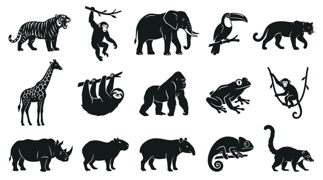 Black  White Silhouette Icons of Jungle Animals - Wildlife and Nature Collection