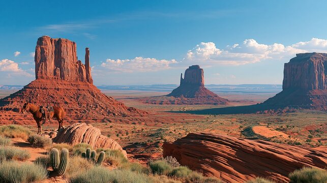 Horse standing on rocky desert mesa with red