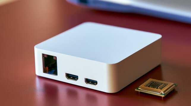 Mini PC with computer chip on desk, technology and compact computing concept