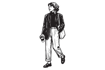 Fototapeta premium Ink sketch of a stylish woman walking while holding a take away coffee cup
