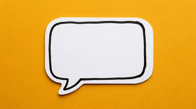 Handmade paper speech bubble cutout with black outline on textured yellow background
